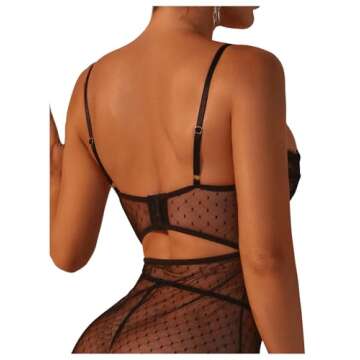 COZYEASE Women's 2 Piece Lingerie Set Lace Mesh Underwire Slip Dress And Low Rise Thongs See Through...