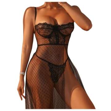 COZYEASE Women's 2 Piece Lingerie Set Lace Mesh Underwire Slip Dress And Low Rise Thongs See Through Nightgown Black L