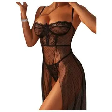 COZYEASE Women's 2 Piece Lingerie Set Lace Mesh Underwire Slip Dress And Low Rise Thongs See Through Nightgown Black L