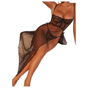 COZYEASE Women's 2 Piece Lingerie Set Lace Mesh Underwire Slip Dress And Low Rise Thongs See Through Nightgown Black L