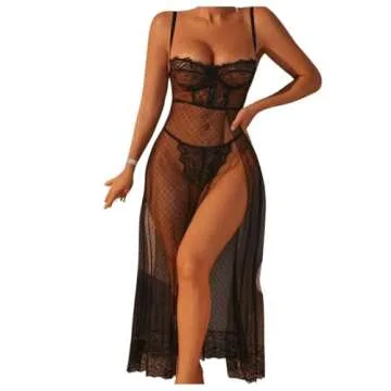 COZYEASE Women's 2 Piece Lingerie Set Lace Mesh Underwire Slip Dress And Low Rise Thongs See Through Nightgown Black L