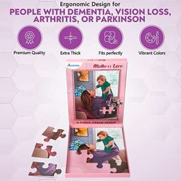 Assistex Dementia Puzzle 12 Large Pieces Jigsaw – Build in Box Dementia Activity for Seniors – Dementia Game for Elderly with Conversation Prompts – Dementia Gift Alzheimer's Puzzle (Mother's Love)