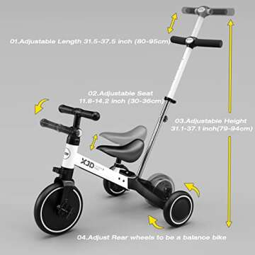 XJD 7 in 1 Toddler Bike with Push Handle,Tricycles for 1 to 3 Years Old, Toddler Tricycle with Push Handle for Boy Girl, Baby Balance Bike with Adjustable Seat Height and Removable Pedal (White)