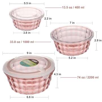 Taiuloo Set of 3 Salad Bowls with Lids, Food Storage Bowls with Lids & Handles, Meal Prep Nesting Bo...