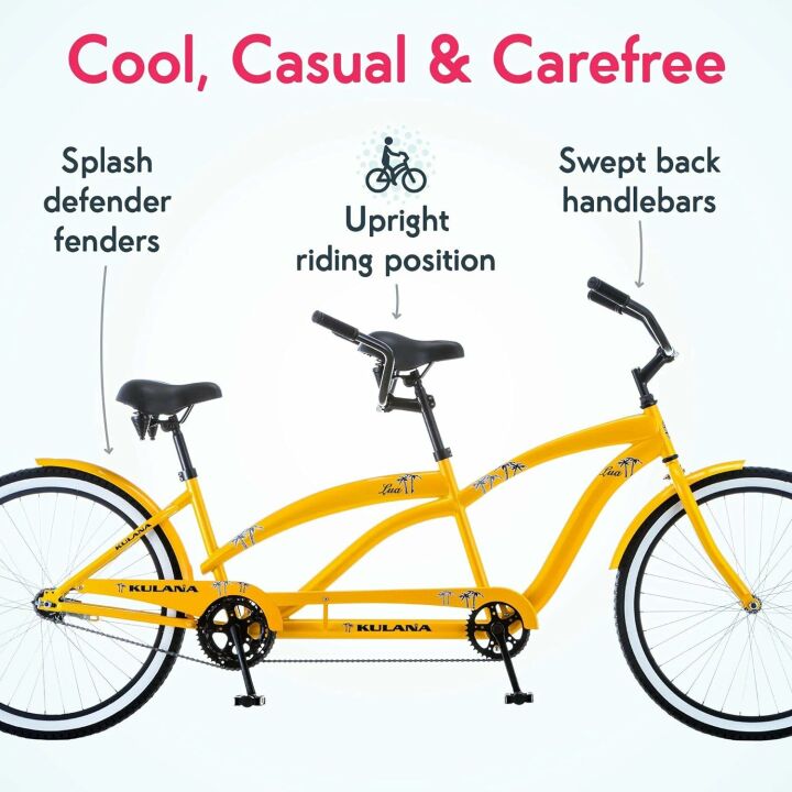 Kulana Lua Tandem Bike, Beach Cruiser Bike for Adult Men Women, Double Rider Bicycle, 26-Inch Wheels, Steel Frame, Single or 7-Speed Option