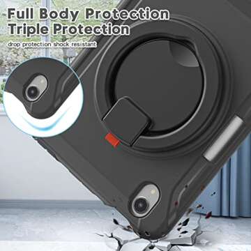 ORIbox Defender Case for iPad Mini 6, Full Body Drop Protection, 3 in 1 Shockproof Bumper with 360° Ring Holder Kickstand, Defender Black