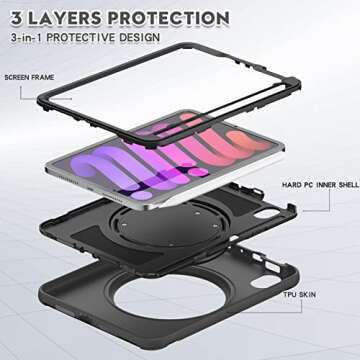 ORIbox Defender Case for iPad Mini 6, Full Body Drop Protection, 3 in 1 Shockproof Bumper with 360° Ring Holder Kickstand, Defender Black