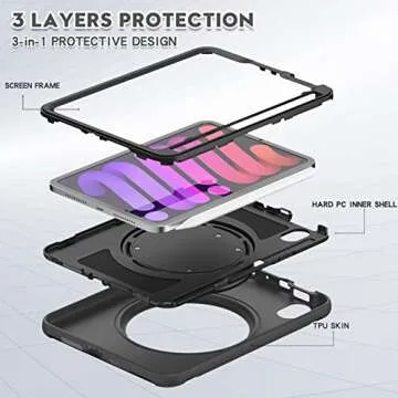 ORIbox Defender Case for iPad Mini 6, Full Body Drop Protection, 3 in 1 Shockproof Bumper with 360° Ring Holder Kickstand, Defender Black