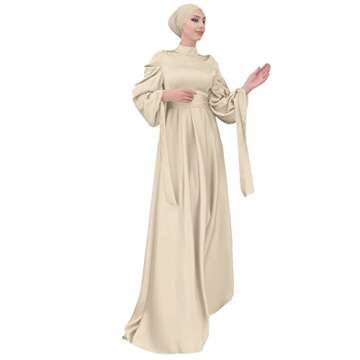OBEEII Women Muslim Abaya Long Sleeve Satin Maxi Dress One-Piece Loose Full Cover Islamic Robe Kafta...