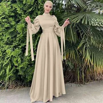 OBEEII Women Muslim Abaya Long Sleeve Satin Maxi Dress One-Piece Loose Full Cover Islamic Robe Kaftan Abayas Beige+Hijab Small