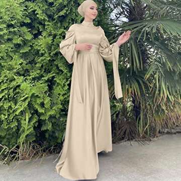 OBEEII Women Muslim Abaya Long Sleeve Satin Maxi Dress One-Piece Loose Full Cover Islamic Robe Kaftan Abayas Beige+Hijab Small