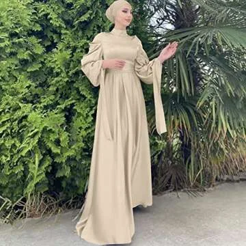 OBEEII Women Muslim Abaya Long Sleeve Satin Maxi Dress One-Piece Loose Full Cover Islamic Robe Kaftan Abayas Beige+Hijab Small