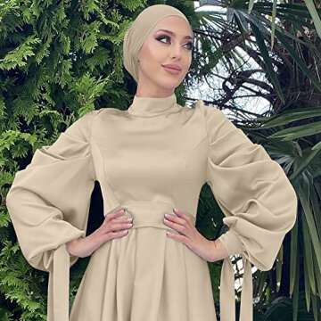 OBEEII Women Muslim Abaya Long Sleeve Satin Maxi Dress One-Piece Loose Full Cover Islamic Robe Kaftan Abayas Beige+Hijab Small
