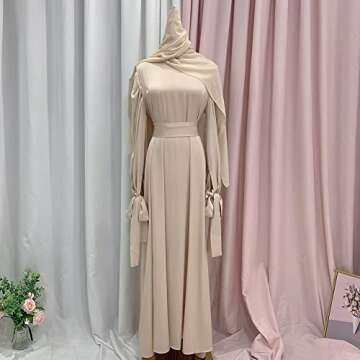 OBEEII Women Muslim Abaya Long Sleeve Satin Maxi Dress One-Piece Loose Full Cover Islamic Robe Kaftan Abayas Beige+Hijab Small