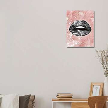 FunLe Canvas Wall Art Pink Abstract Lips for Bathroom and Bedroom Decoration Modern Style Paintings Decor Frame or Unframe Home Ready to Hang (12X16Inch,Unframe)