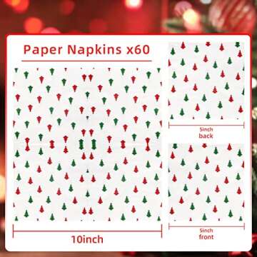 Quera 60 Pack Christmas Paper Napkins Christmas Tree Red Green 5 x 5 "Disposable White Beverage Napk...