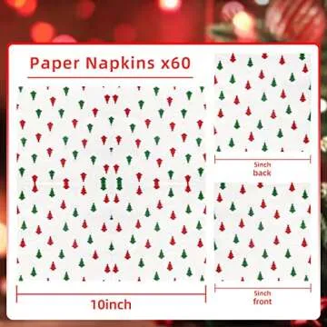 Quera 60 Pack Christmas Paper Napkins Christmas Tree Red Green 5 x 5 "Disposable White Beverage Napk...