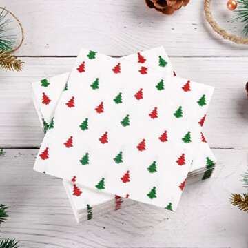 Quera 60 Pack Christmas Paper Napkins Christmas Tree Red Green 5 x 5 "Disposable White Beverage Napkins Decorative Table Napkin for New Year Winter Dinner Merry Christmas Holiday Xmas Party Supplies