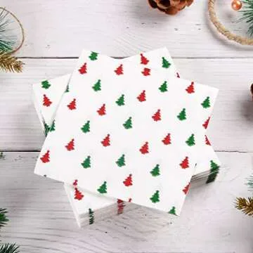 Quera 60 Pack Christmas Paper Napkins Christmas Tree Red Green 5 x 5 "Disposable White Beverage Napkins Decorative Table Napkin for New Year Winter Dinner Merry Christmas Holiday Xmas Party Supplies
