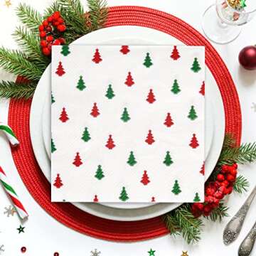 Quera 60 Pack Christmas Paper Napkins Christmas Tree Red Green 5 x 5 "Disposable White Beverage Napkins Decorative Table Napkin for New Year Winter Dinner Merry Christmas Holiday Xmas Party Supplies