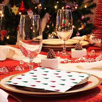 Quera 60 Pack Christmas Paper Napkins Christmas Tree Red Green 5 x 5 "Disposable White Beverage Napkins Decorative Table Napkin for New Year Winter Dinner Merry Christmas Holiday Xmas Party Supplies