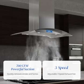 FIREGAS Island Range Hood 36 inch 700 CFM, Tempered Glass, 4 LED Lights, Touch Control, Stainless St...