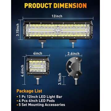 NAOEVO 12 Inch LED Light Bar and 4PCS 4 Inch LED Pod Lights, 54000LM LED Fog/Driving/Off Road Lights, Triple Row Spot Flood Combo LED Light Bar for Truck Car UTV ATV Boat, 1 Year Warranty