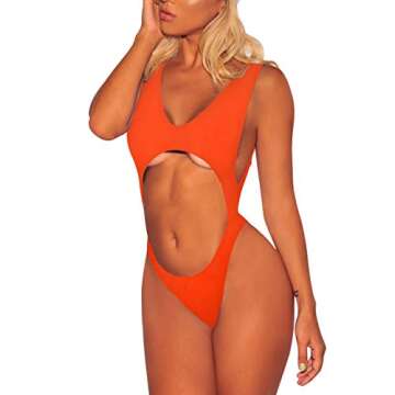 Viottiset Women's Cutout High Cut Thong One Piece Swimsuit Neon Orange Plunge V Neck Beachwear Small