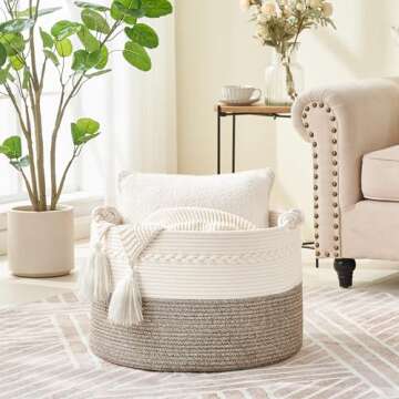 KAKAMAY Large Blanket Basket (20"x13"),Woven Baskets for storage Baby Laundry Hamper, Cotton Rope Bl...