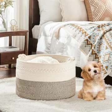 KAKAMAY Large Blanket Basket (20"x13"),Woven Baskets for storage Baby Laundry Hamper, Cotton Rope Blanket Basket for Living Room, Laundry, Nursery, Pillows, Baby Toy chest (White/Beige)