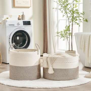 KAKAMAY Large Blanket Basket (20"x13"),Woven Baskets for storage Baby Laundry Hamper, Cotton Rope Blanket Basket for Living Room, Laundry, Nursery, Pillows, Baby Toy chest (White/Beige)