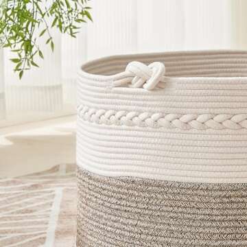 KAKAMAY Large Blanket Basket (20"x13"),Woven Baskets for storage Baby Laundry Hamper, Cotton Rope Blanket Basket for Living Room, Laundry, Nursery, Pillows, Baby Toy chest (White/Beige)