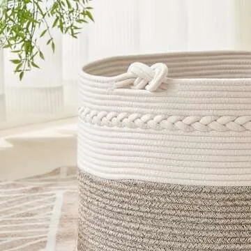 KAKAMAY Large Blanket Basket (20"x13"),Woven Baskets for storage Baby Laundry Hamper, Cotton Rope Blanket Basket for Living Room, Laundry, Nursery, Pillows, Baby Toy chest (White/Beige)