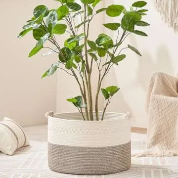 KAKAMAY Large Blanket Basket (20"x13"),Woven Baskets for storage Baby Laundry Hamper, Cotton Rope Blanket Basket for Living Room, Laundry, Nursery, Pillows, Baby Toy chest (White/Beige)