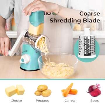 X Home Rotary Cheese Grater for Kitchen, Shredder with 3 Interchangeable Blades, Rotary Grater with ...