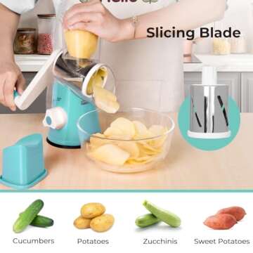 X Home Rotary Cheese Grater for Kitchen, Shredder with 3 Interchangeable Blades, Rotary Grater with Handle and Strong Suction Base, for Vegetables, Fruit, Nuts, Easy to Use and Clean, Blue