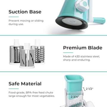 X Home Rotary Cheese Grater for Kitchen, Shredder with 3 Interchangeable Blades, Rotary Grater with Handle and Strong Suction Base, for Vegetables, Fruit, Nuts, Easy to Use and Clean, Blue
