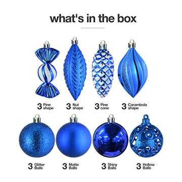 PREXTEX Blue 24-Piece Christmas Ornaments Set for Holiday Decor