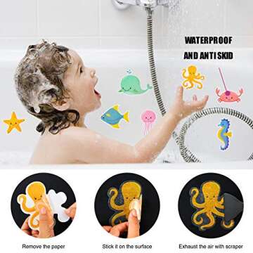Secopad Non Slip Bathtub Stickers, 14 PCS Large Sea Adhesive Kids Anti Slip Decal Threads for Shower and Bath Tub with Premium Scraper