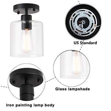 KLSS 2 Pack Black Modern Semi Flush Mount Ceiling Light,Rustic Ceiling Light Fixture for Closet Hallway Entryway,Hallway Ceiing Light,Matte Black Finish (6 in)