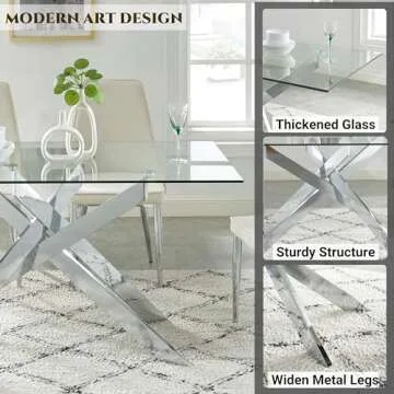 Edwin's Choice 58.5” Rectangle Glass Dining Table, Tempered Glass Tabletop and Metal Tubular Legs, Modern Style Table for Home, Kitchen, Dining Room 58.5”Lx29”Wx30”H, Silver