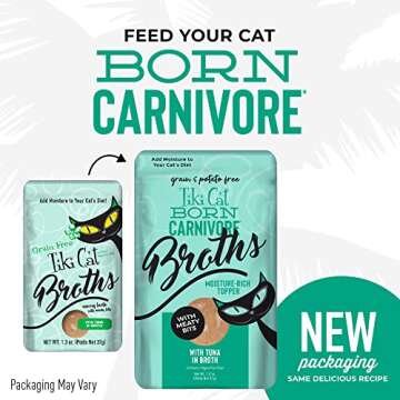 Tiki Cat Born Carnivore Broths, Tuna Recipe, Hydration and Flavor Supplement Cat Food Topper, 1.3 oz. Pouch (Pack of 12)