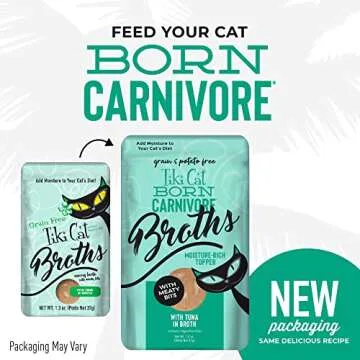 Tiki Cat Born Carnivore Broths, Tuna Recipe, Hydration and Flavor Supplement Cat Food Topper, 1.3 oz. Pouch (Pack of 12)
