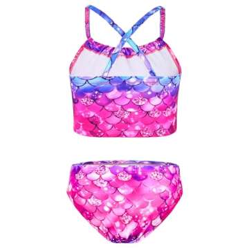 Girls Swimsuit Two Piece Tankini Sets Size 7/8 Years Old Pink Blue Mermaid Scale Print Halter Bathin...
