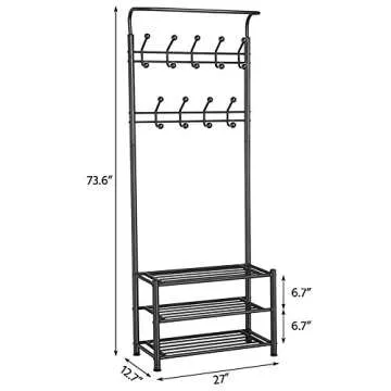 Yaheetech 3-in-1 Coat Rack Shoe Bench, Entryway Hall Tree with 18 Hooks and 3-Tier Shoe Storage Bench, Metal Coat Hat Stand Rod for Hanging Jacket, Easy Assembly, Black