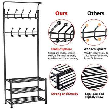 Yaheetech 3-in-1 Coat Rack Shoe Bench, Entryway Hall Tree with 18 Hooks and 3-Tier Shoe Storage Bench, Metal Coat Hat Stand Rod for Hanging Jacket, Easy Assembly, Black