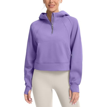 SANTINY Women's Fleece Cropped Hoodies Half Zip Lined Pullover Sweatshirt Athletic Workout Hoodie wi...
