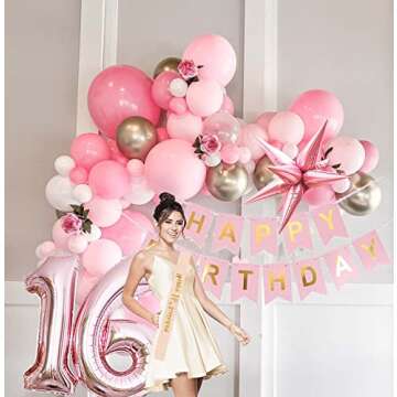 Sweet 16 birthday decorations 140pcs Pink Gold white Balloon garland With 16th Letter balloon & Glittery Birthday Banners & Sash for Girl 16th Birthday Party