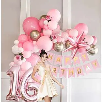 Sweet 16 birthday decorations 140pcs Pink Gold white Balloon garland With 16th Letter balloon & Glittery Birthday Banners & Sash for Girl 16th Birthday Party