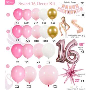 Sweet 16 birthday decorations 140pcs Pink Gold white Balloon garland With 16th Letter balloon & Glittery Birthday Banners & Sash for Girl 16th Birthday Party